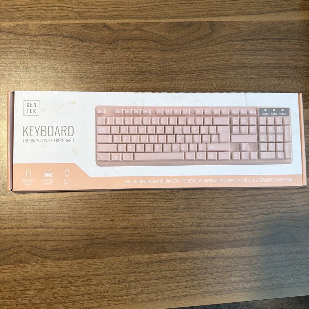 Gen Tek Ergonomic Wired Pink Keyboard Full Size USB Plug & Go With Number Pad